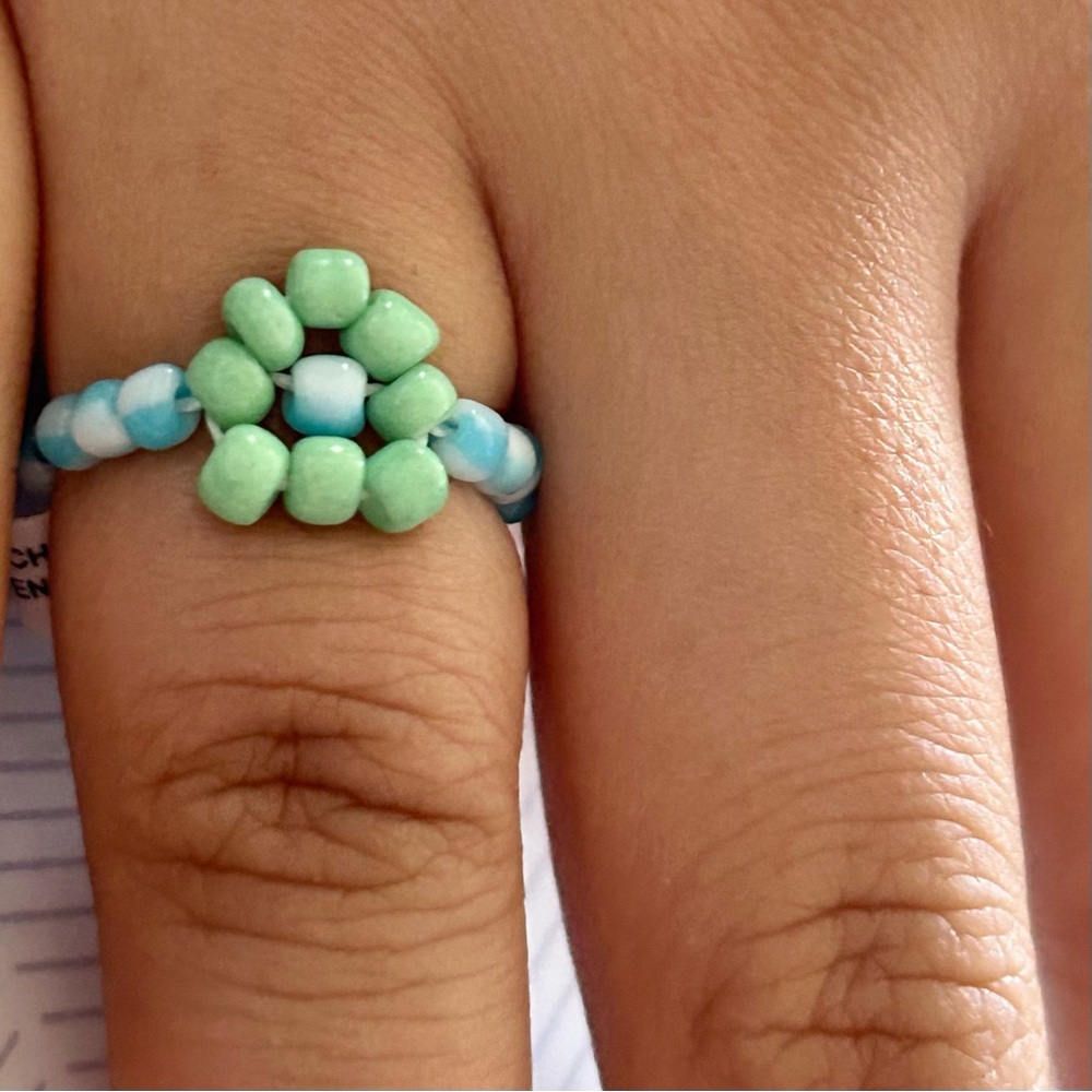 Free People - Beaded Boho Flower Stretch Blue and Green Bohemian Ring (NWT)